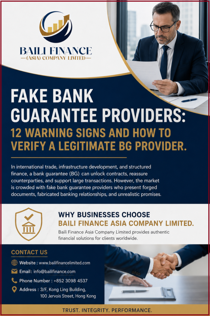 Sinais de alerta e guia de verificação de fornecedores de garantias bancárias falsas, da Baili Finance Asia Company Limited, para soluções autênticas de BG e SBLC.