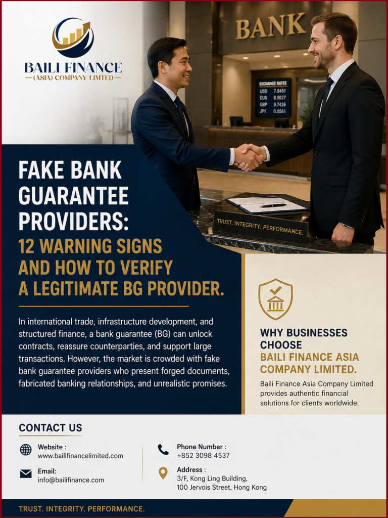 Guide de vérification et de détection des faux fournisseurs de garanties bancaires par Baili Finance Asia Company Limited pour des solutions authentiques de BG et SBLC.