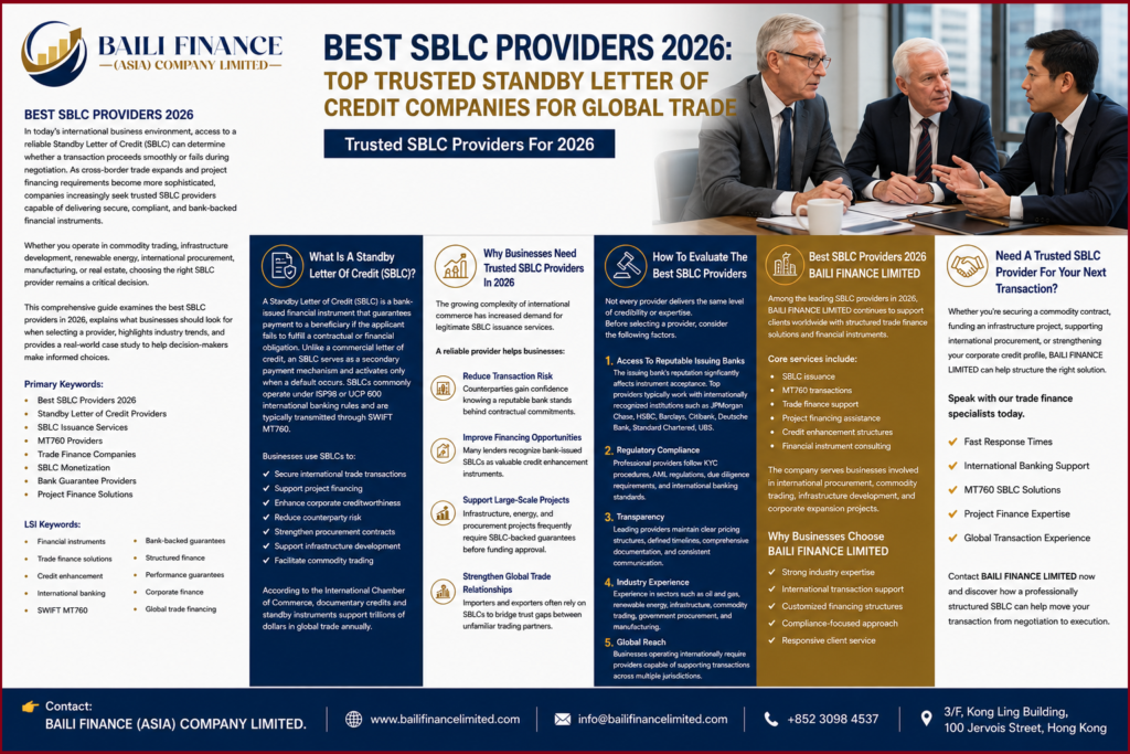 Best SBLC providers 2026 offering standby letter of credit services, MT760 issuance, trade finance, and project funding.