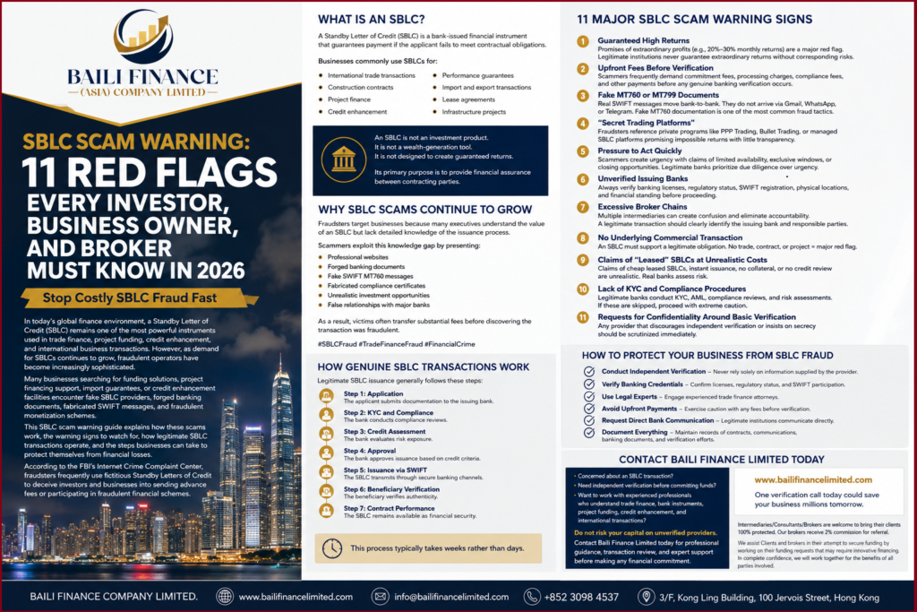 SBLC scam warning showing fraud red flags, fake MT760 documents, and trade finance risk prevention.