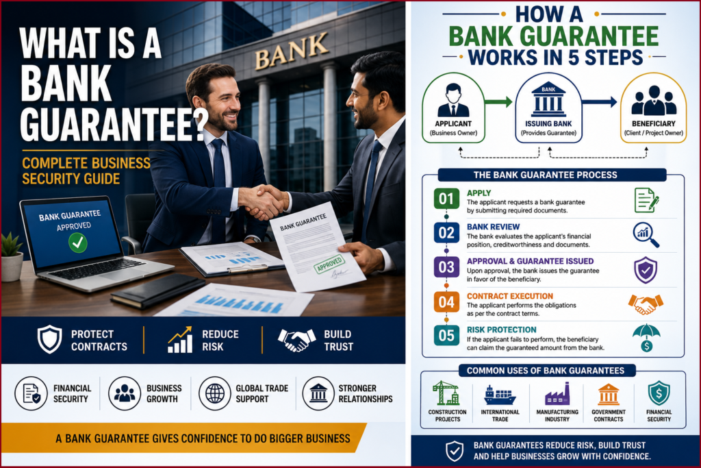 Business professionals reviewing a bank guarantee document during a commercial finance transaction.