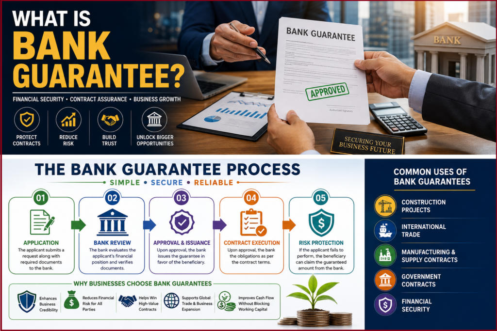 Business professionals reviewing a bank guarantee document during a commercial finance transaction.