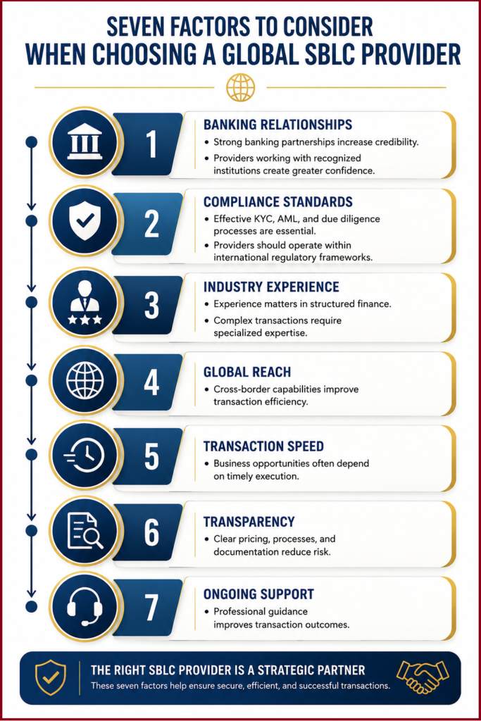 A vertical corporate infographic titled "Seven Factors to Consider When Choosing a Global SBLC Provider." The design features a blue and gold theme with seven numbered sections connected by a vertical timeline. Each section includes an icon and key guidance: (1) Banking Relationships—strong banking partnerships and recognized institutions increase credibility; (2) Compliance Standards—robust KYC, AML, and due diligence within international regulatory frameworks; (3) Industry Experience—specialized expertise in structured finance and complex transactions; (4) Global Reach—cross-border capabilities improve transaction efficiency; (5) Transaction Speed—timely execution supports business opportunities; (6) Transparency—clear pricing, processes, and documentation reduce risk; and (7) Ongoing Support—professional guidance improves transaction outcomes. A concluding banner emphasizes that the right SBLC provider is a strategic partner for secure, efficient, and successful transactions.