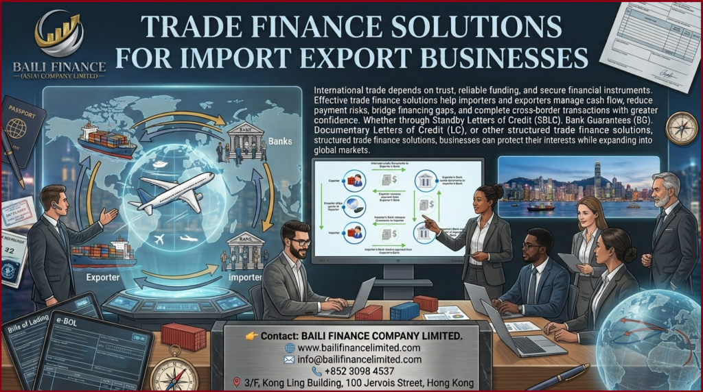 Business professionals discussing international trade finance solutions.