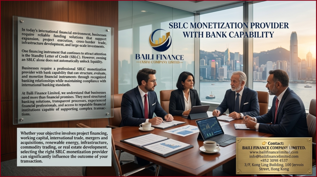 SBLC monetization provider with bank capability helping businesses secure structured finance.