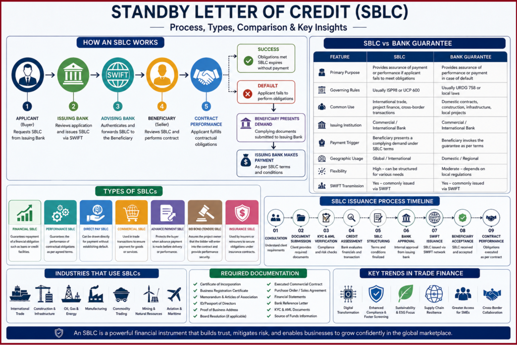 Infographic explaining the Standby Letter of Credit (SBLC) process, different types of SBLCs, comparison with Bank Guarantees, required documentation, industries using SBLCs, and current international trade finance trends.