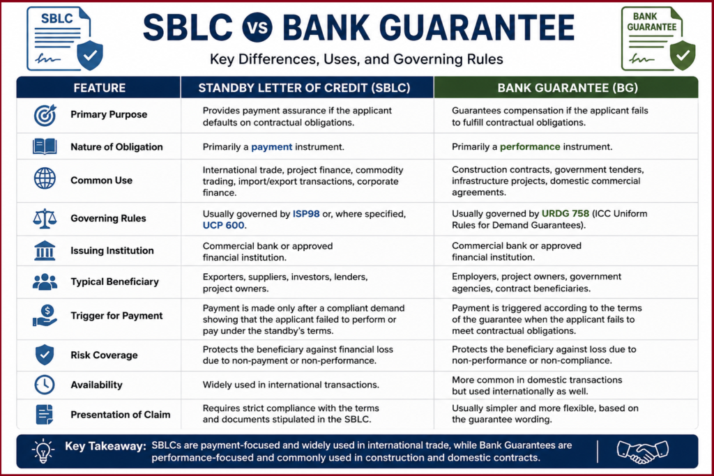 SBLC vs Bank Guarantee comparison chart showing the key differences in purpose, governing rules, payment trigger, risk coverage, beneficiaries, and common business applications.