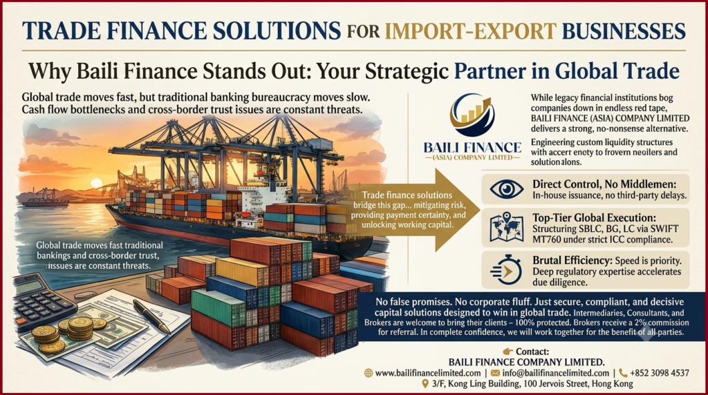 Trade finance solutions supporting import and export businesses through global shipping and logistics.