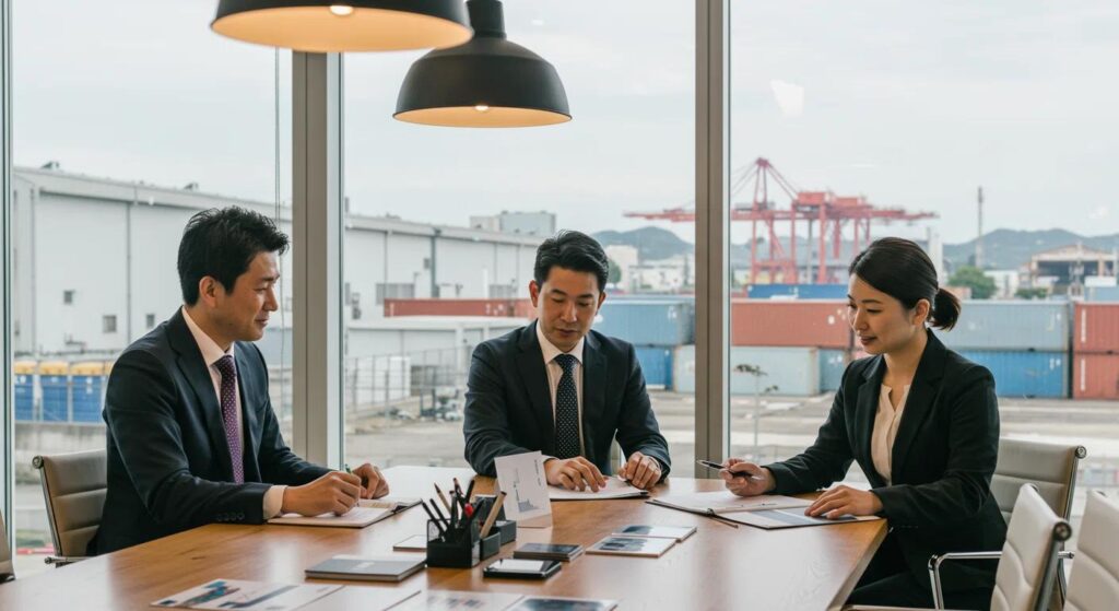 Trade finance specialists discussing international shipping and Standby Letter of Credit solutions.