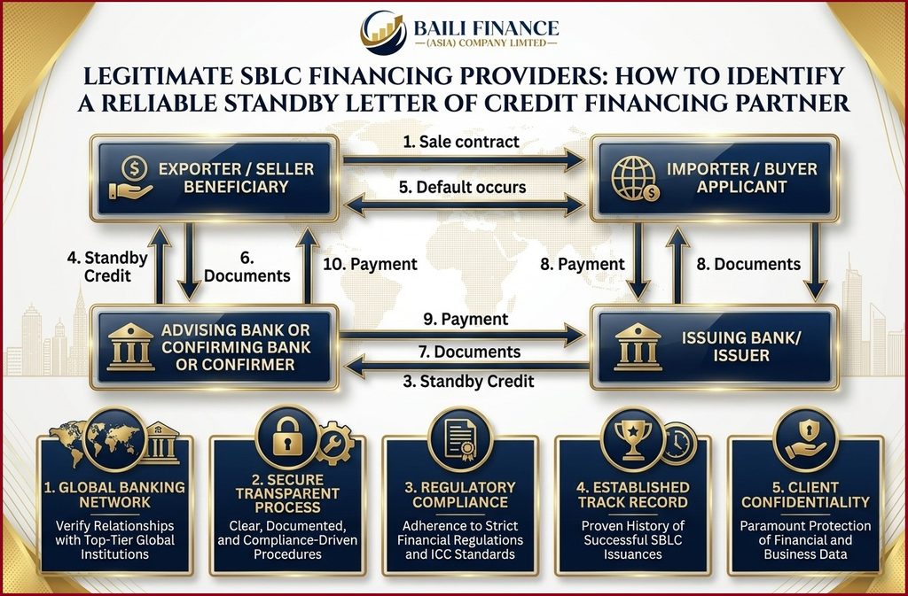 SBLC financing process showing application, bank verification, due diligence, financing approval and funding