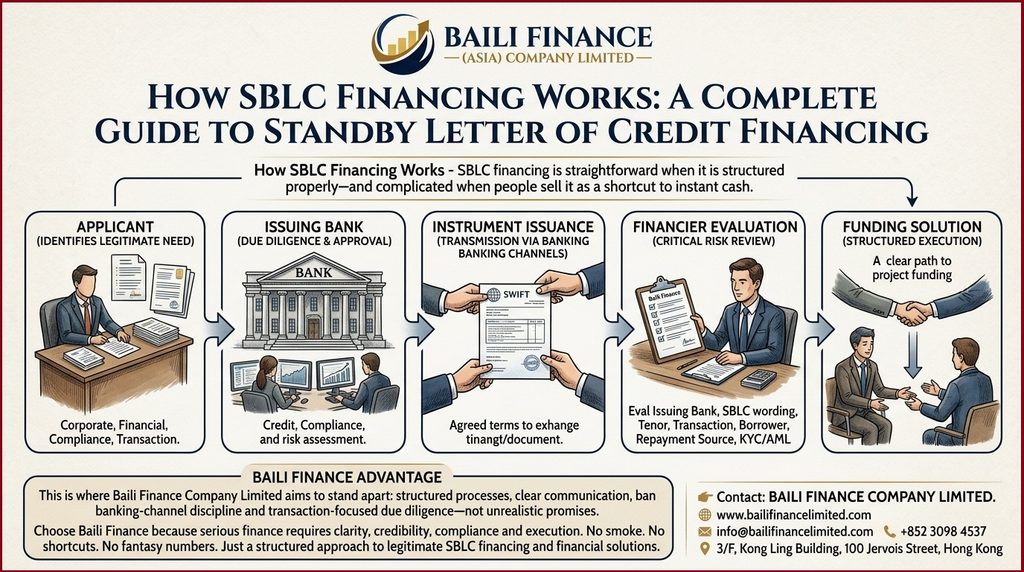 SBLC financing process from applicant to issuing bank and financier