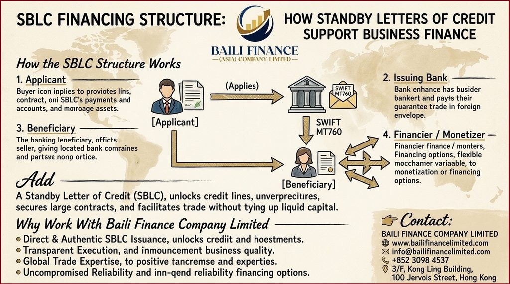 SBLC financing structure showing applicant beneficiary issuing bank and advising bank