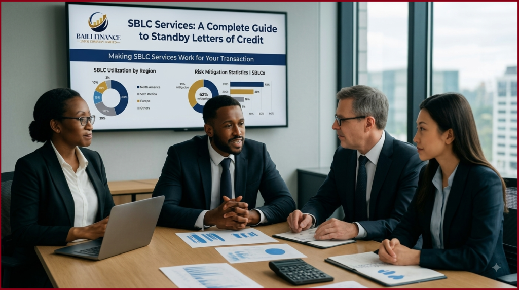 International banking professionals discussing SBLC trade finance transaction