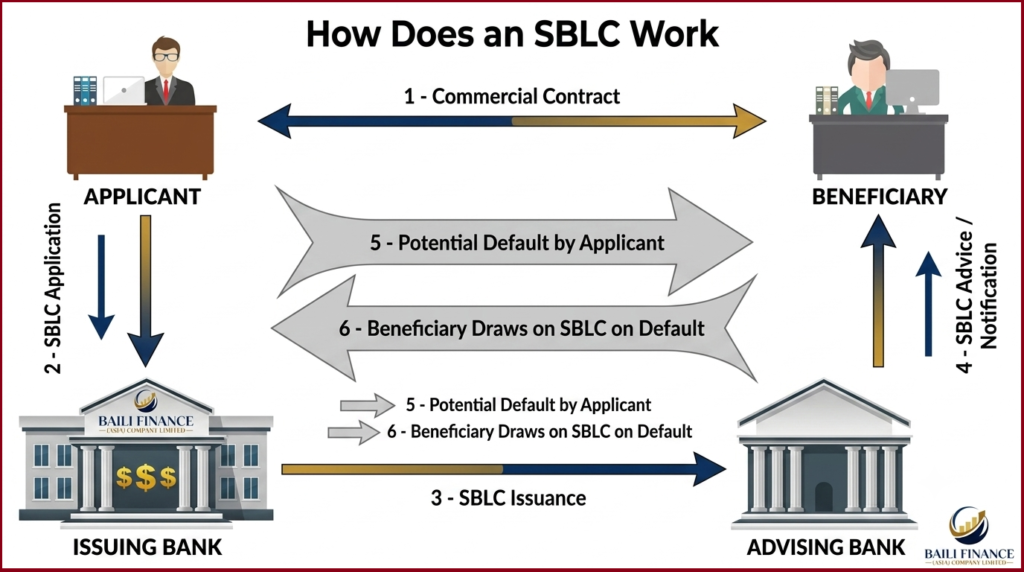 SBLC issuance process showing applicant issuing bank beneficiary and advising bank