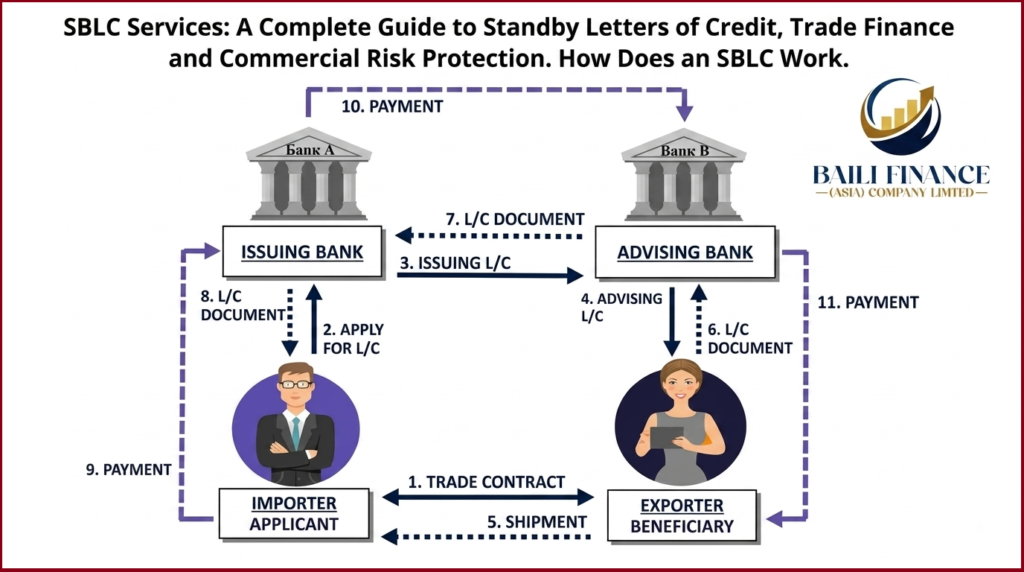 International trade finance letter of credit transaction flow between importer exporter and banks