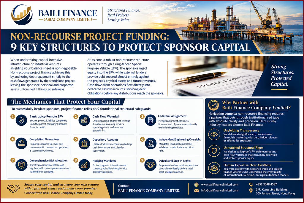 Non-recourse project finance structure showing the SPV, sponsors, lenders and project cash flows