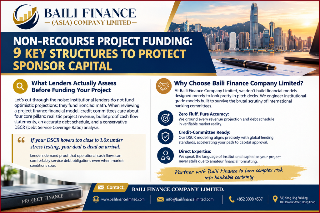 Project finance financial model showing cash flow, debt schedule, project revenue and DSCR analysis