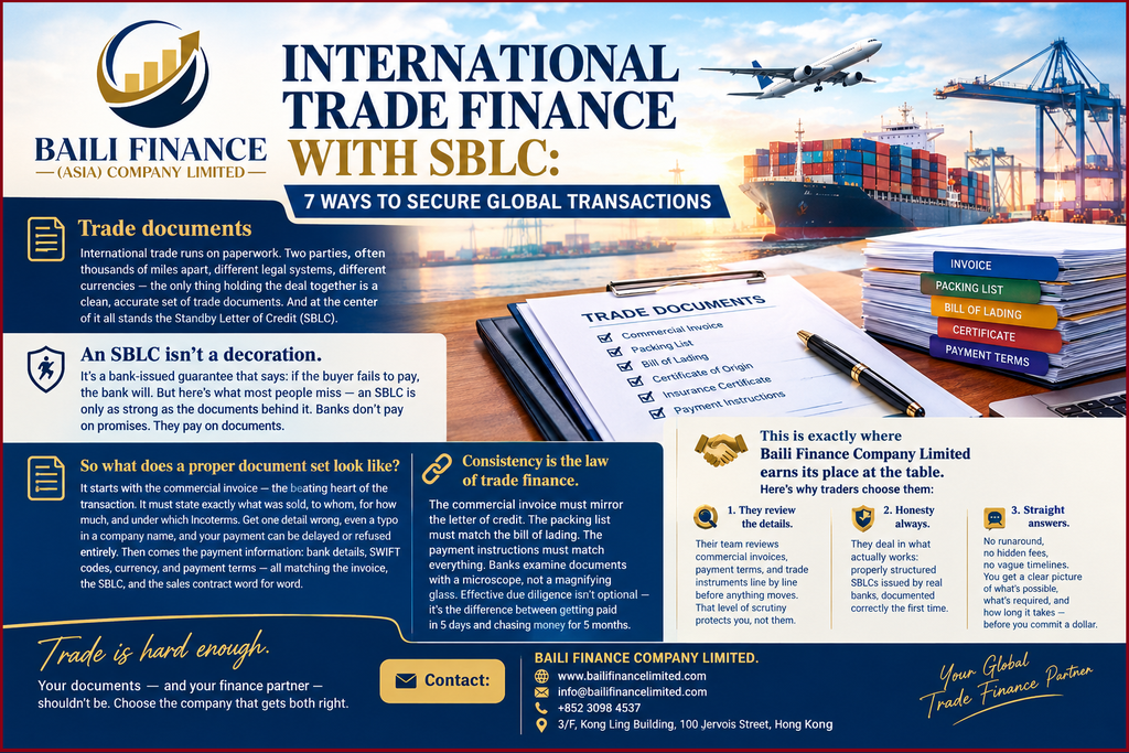 Trade finance documents including commercial invoice and payment information for international transactions