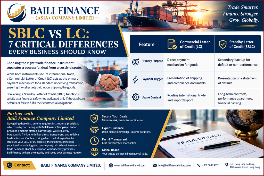 SBLC vs LC comparison showing standby and commercial letters of credit