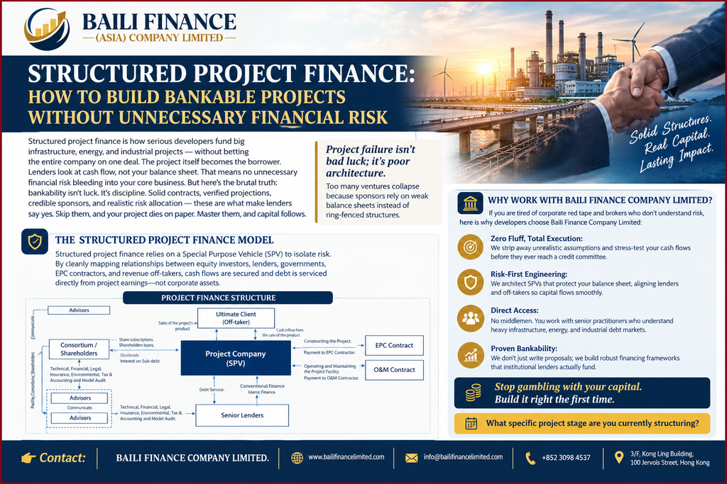 Structured project finance SPV structure showing lenders, equity investors, contractors and off-takers