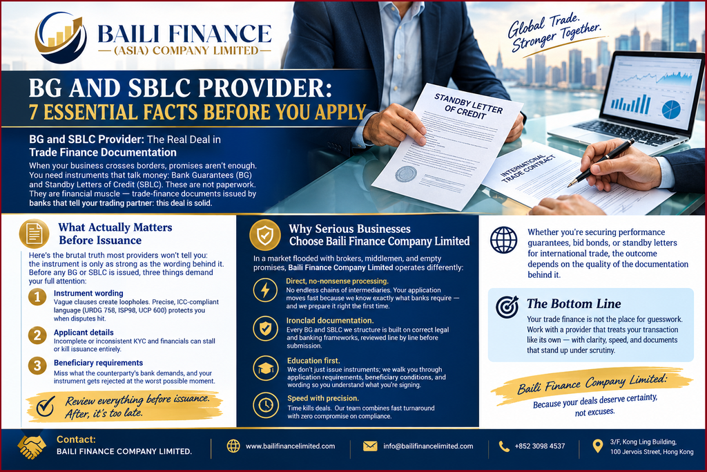 Trade-finance documents representing bank guarantee and standby letter of credit application requirements.