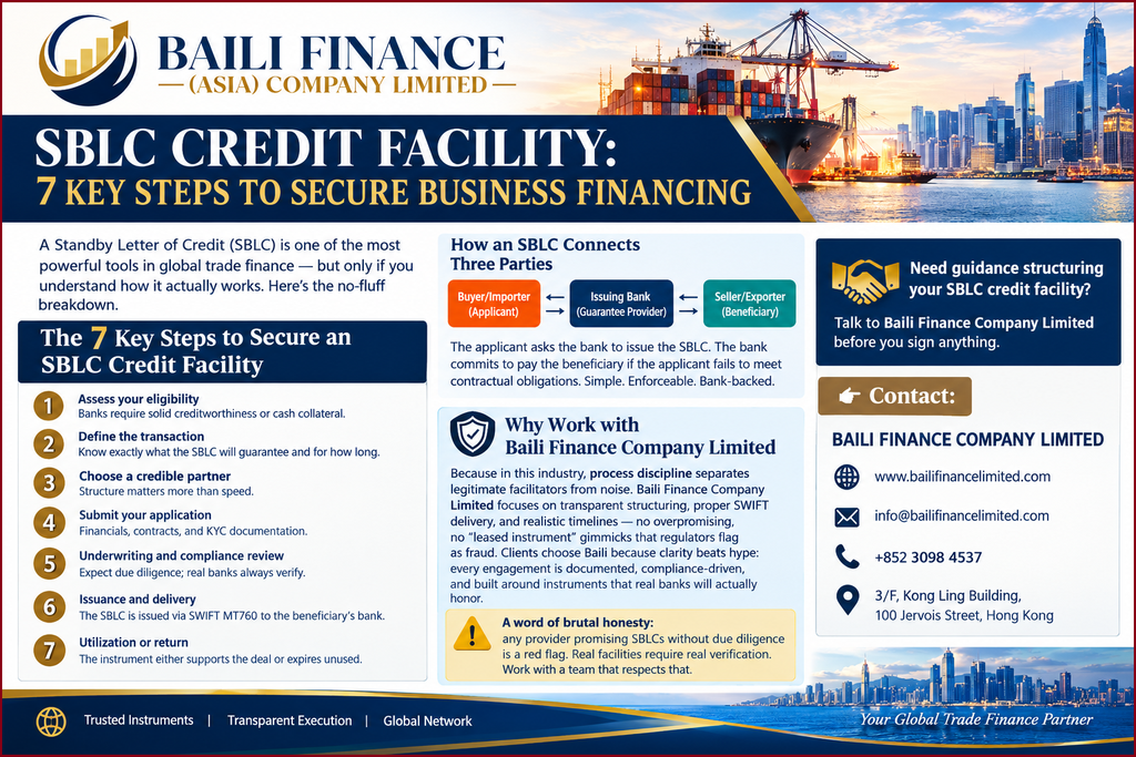 SBLC credit facility process showing the applicant, issuing bank and beneficiary.