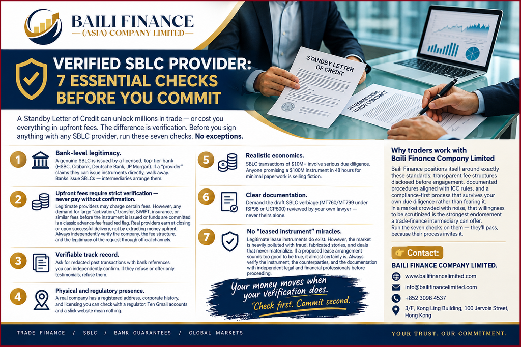 Verified SBLC provider and standby letter of credit documentation for international trade finance